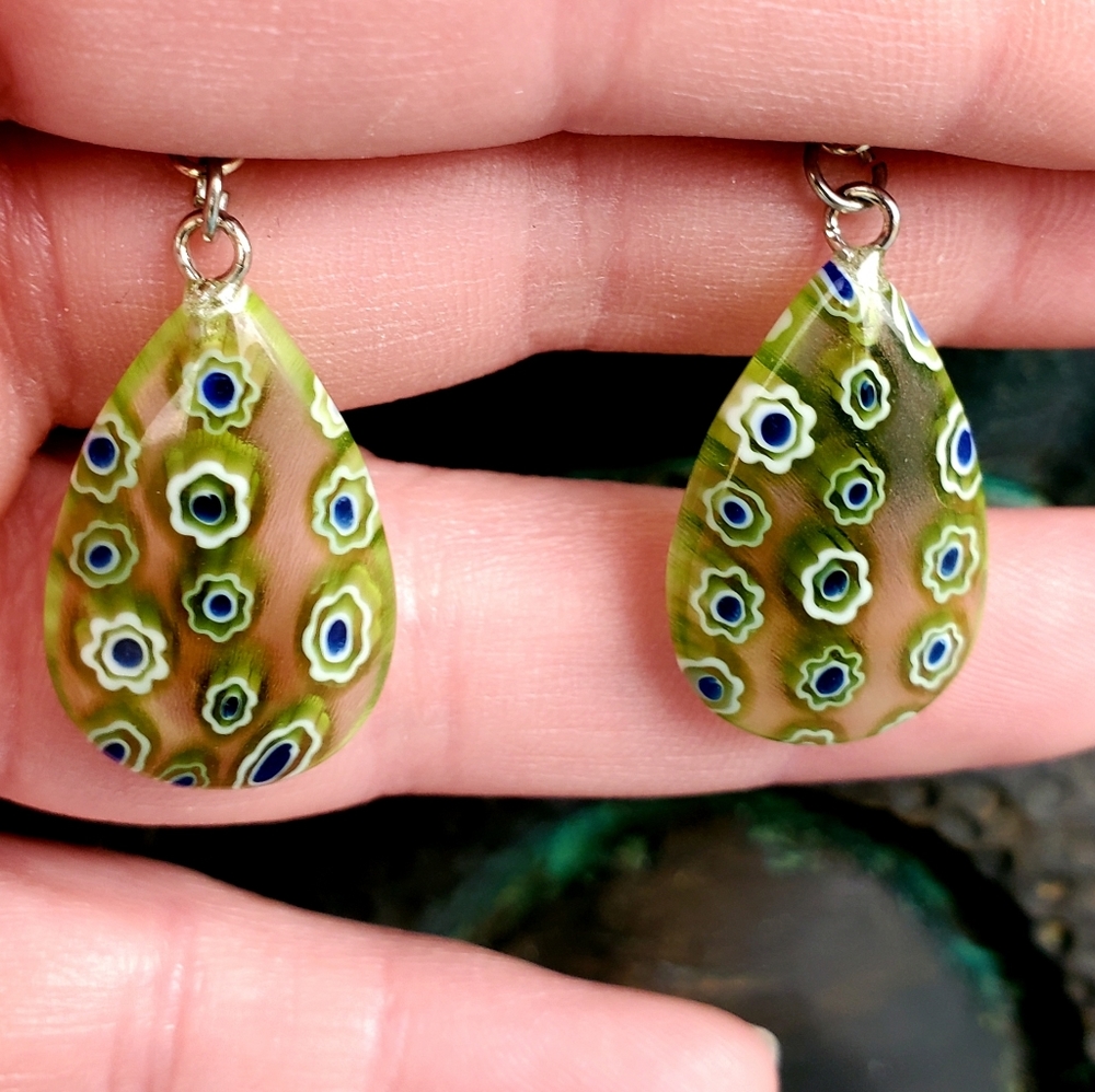 *Sale* New Pear Shaped Green Millefiori Silver Earrings.